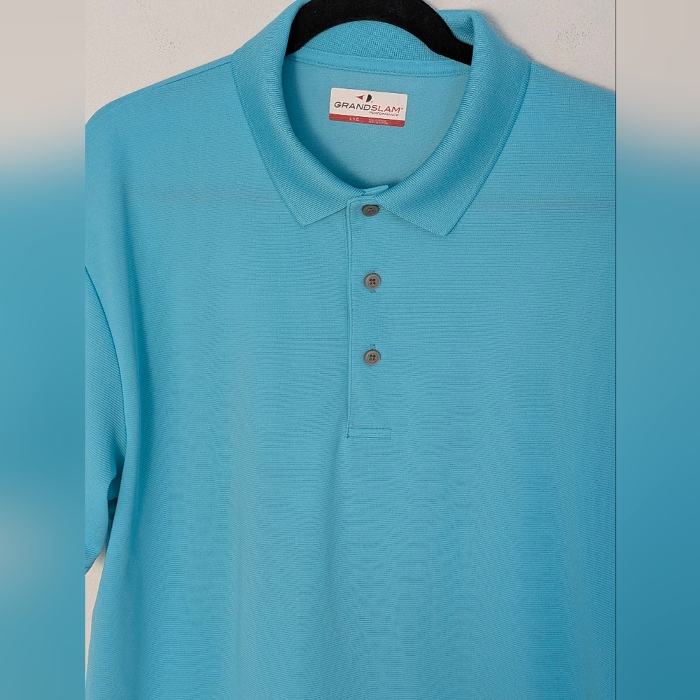 GRAND SLAM Men's GOLF POLO TEE KNIT SHIRT EASY CARE Performance Sz L Turquoise - Picture 5 of 11